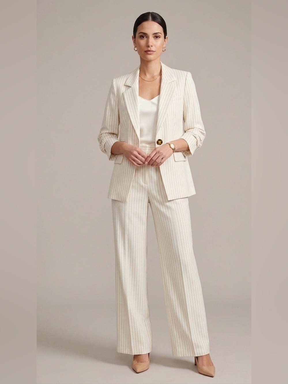 VERONICA BEARD Pinstripe Suit Set Ruched Sleeve Blazer wide leg pants